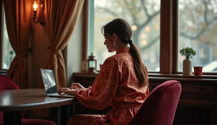 Blouse tunic made of jacquard satin with a mouth-high closed envelope collar and buttons at the front and back, telephoto shot, the woman sits with a laptop at the window of a warm cafe, we see her big poo inside the tight shiny satin pants on the bar stoo...