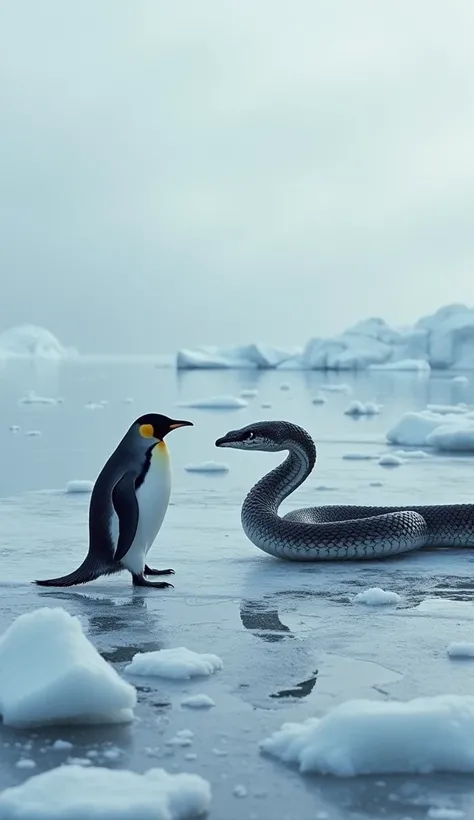 On an icy shoreline, a  penguin waddles cautiously, their focus on the cobra slithering across the frozen ground, its hood flared and ready.