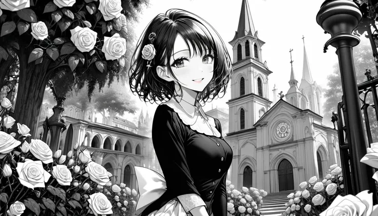  Featured Paintings ,  best quality, Super Fine, 16k,  unbelievably absurd ,  very detailed, delicate,  flashy and dynamic depiction ,  pretty woman smiling at school, seductive woman,  sad expression , (background black and white rose garden church:1.3)