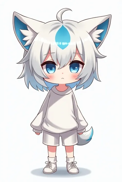 The chibi male character has white hair with a single blue highlight at the front, blue eyes, and wolf ears.
White Clothes.
Style cartoon.