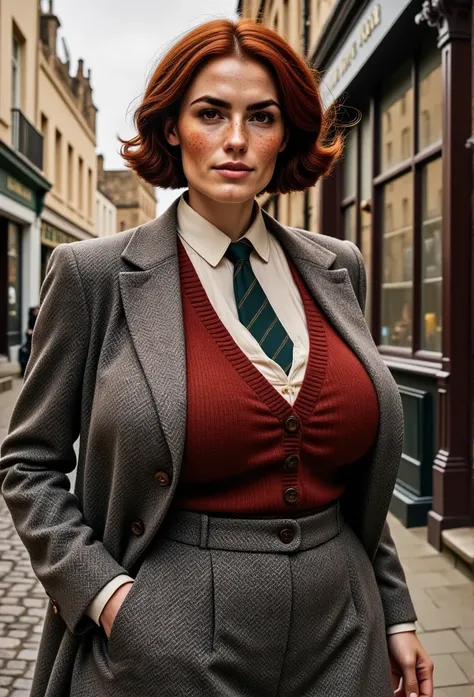 Photorealistic picture, cinematic style, a beautiful British woman walking on the streets of old Oxford, she is posing for the camera. (Dynamic pose: 1.5), she is smiling. She has Brown eyes, downturned eye shape, light skin and freckles, shes voluptuous. ...