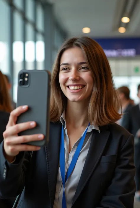 a mathematics student, (female), 25 year old, european, brown hair, hyperrealistic, ultrahd, 4k, smiling, on a conference, taking a selfie at the MIT