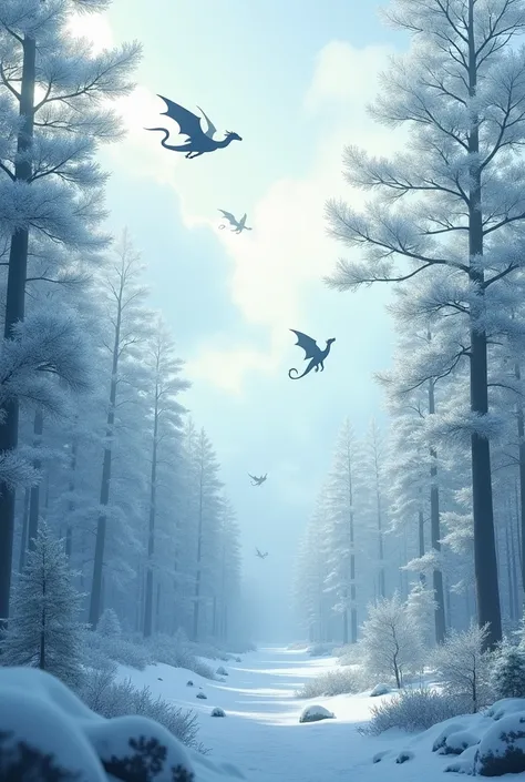 Snow forest seen from above with silhouettes of little dragons nesting in the sky 