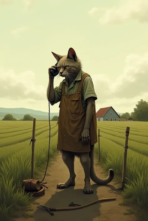 A tall  old weak poor male cat wearing Farmer dress and standing in farmers field and listening phone call making tired face