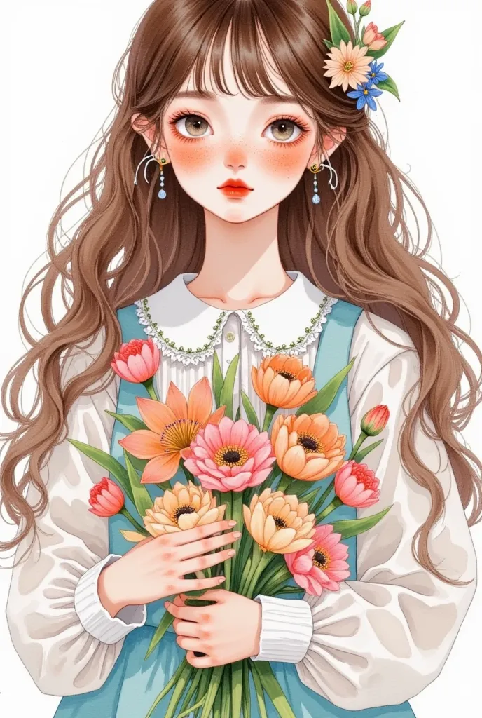 a watercolor painting ：girl portrait，long hair， bangs， bright eyes ， red face ，freckle，pleated collar， holds a bouquet of flower...