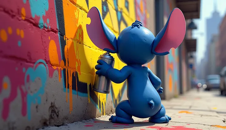 Dessin de stitch, de dos,  qui fait un grafiti 
