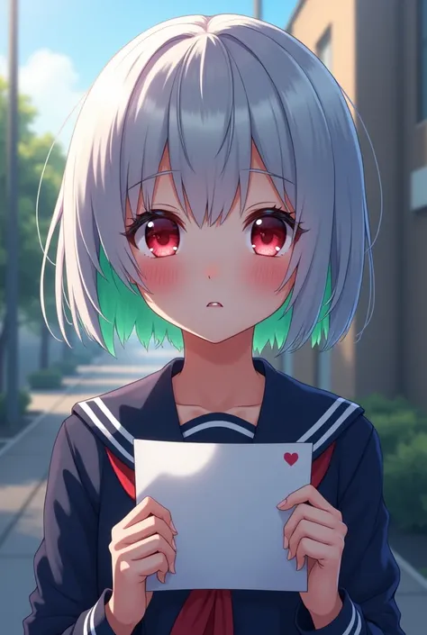  high definition , masterpiece,  best quality,
 charming anime-style junior high school student with short gray hair 　White Hair　 short bob　Red eyes　Small eyes　uniform　Only part of the forelock is fluorescent green part of the bangs is fluorescent green be...