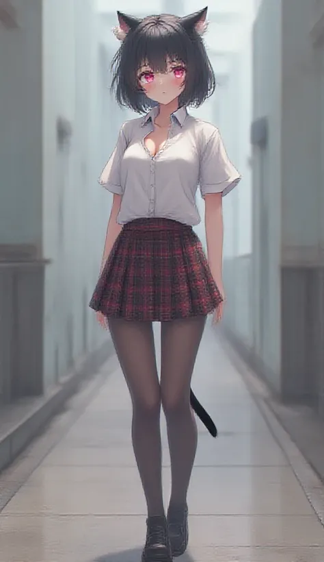 (((There is one girl:1.5)))，Waifu  E-girl, Cat Ears, Cat Tail, ((Glowing-Pink-Eyes))，(((A tall high school girl with a model figure)))，Perfect proportions，(Standing facing this)，Full body photography，(wide thighs, Very long legs)，Fleshy，Mid-chest，(((Cleava...