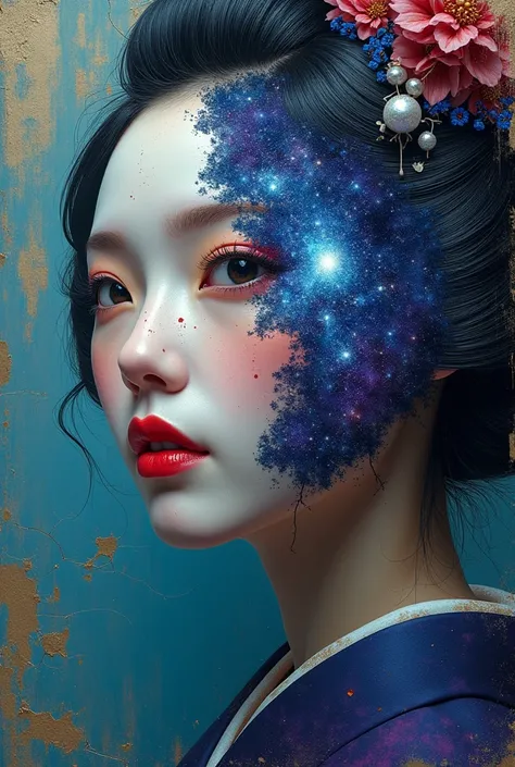 Impressionistic digital concept art. Close-up portrait. A face split vertically, left half geisha, right half Milky Way. Vibrant, swirling textures. Mindscape-inspired, cracked surface, aged. Rich blues and purples, with touches of gold. Cracked, worn, and...