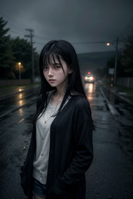 a late teen girl , pale white skin, standing alone on a wet road, wearing a black cardigan, long black hair with bang, sad expression, crying, dark and rainy atmosphere, photorealistic, highly detailed, cinematic lighting, dramatic colors