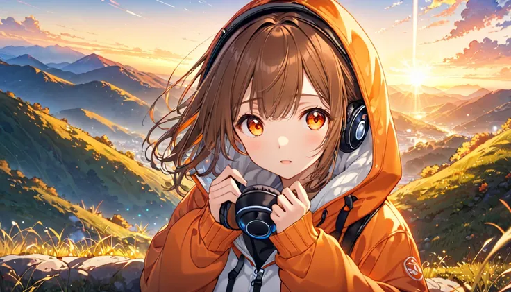 background：Early morning hill 、 The sunrise is beginning to appear from the horizon。  
expression： staring at the sunrise 、感動したexpression。  
Costume： hoodie and hiking pants 。  
 pose：Stop、 staring at the sunrise with your hands on your chest 。  
scene：( b...