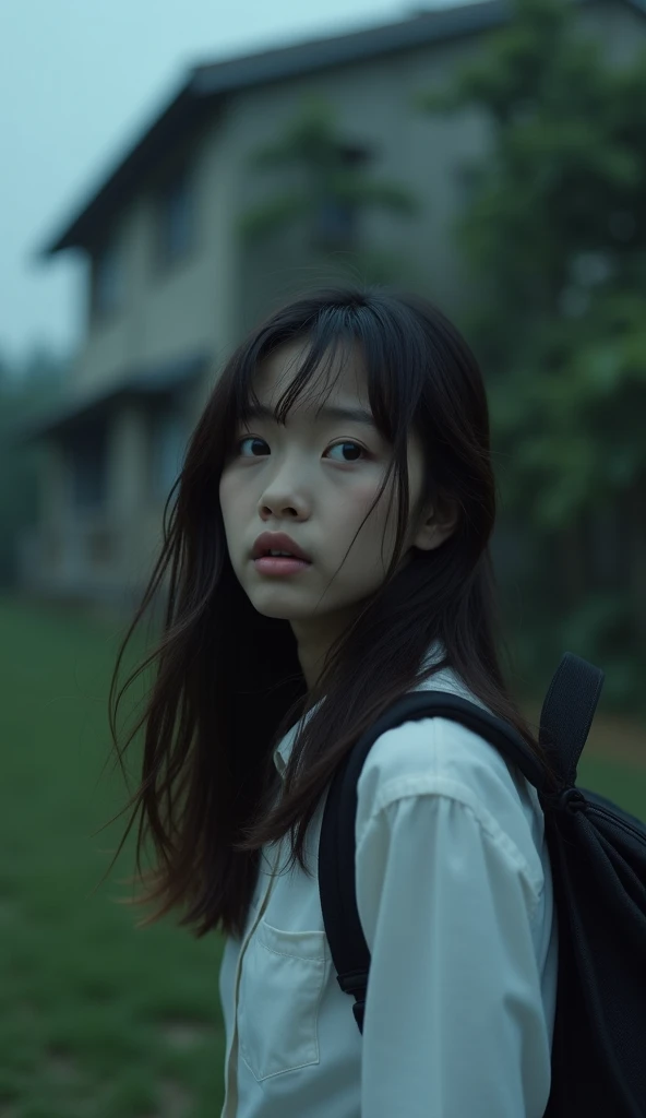 Close-up of 18-year-old Vietnamese girl, long hair, startled, eyes looking around, wearing white shirt, black backpack, walking out of the house, gloomy scene, dusk