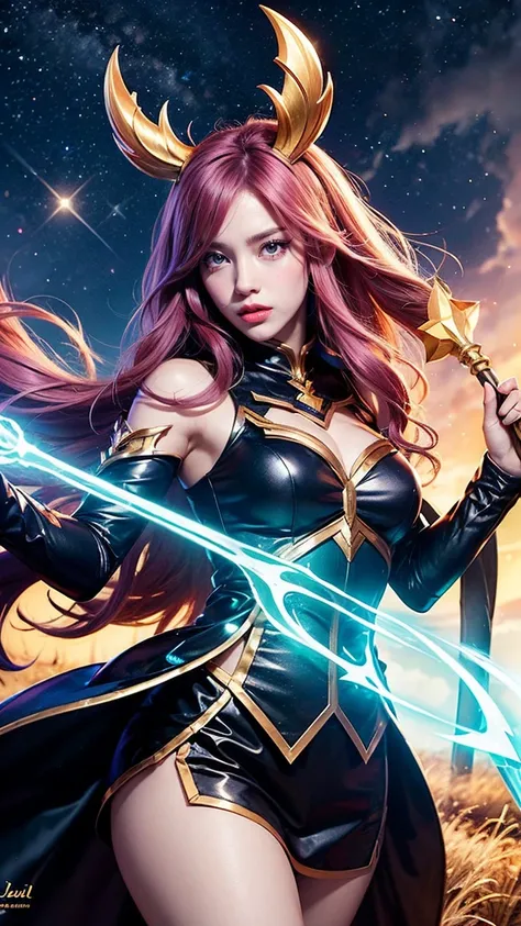 Design a scene featuring Lux from League of Legends in her Star Guardian skin, with a celestial theme, wielding her magical staff, and protecting her team against a starry night backdrop