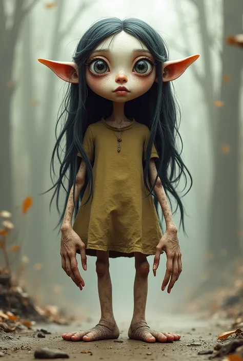 The girl, short, fat, has one eye, three eyes, and two arms, has two arms, has two hands, has 20 inches, one leg, two feet, big eyes, small mouth, long hair.