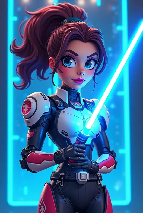 a cartoon character with a robot suit and a light saber in her hand, with a blue light behind her, Eva Frankfurther, sots art, rossdraws global illumination, a character portrait