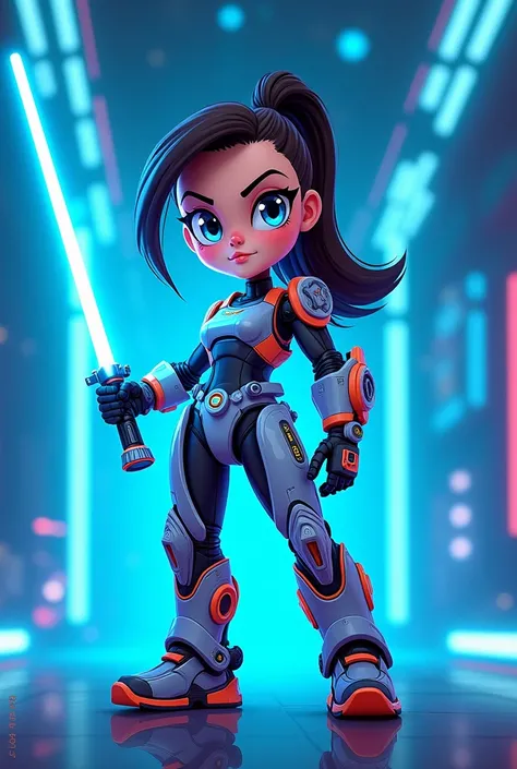 a cartoon character with a robot suit and a light saber in her hand, with a blue light behind her, Eva Frankfurther, sots art, rossdraws global illumination, a character portrait