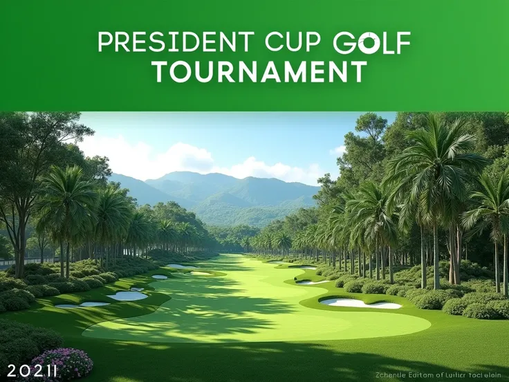 Green Color Banner With Words President Cup Golf Tournament 2024 Framed Golf Course Picture Using Realistic HD Picture