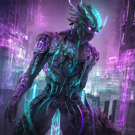 A humanoid figure with glowing, bioluminescent eyes, standing in a futuristic cityscape shrouded in neon mist, making intense eye contact with the viewer.