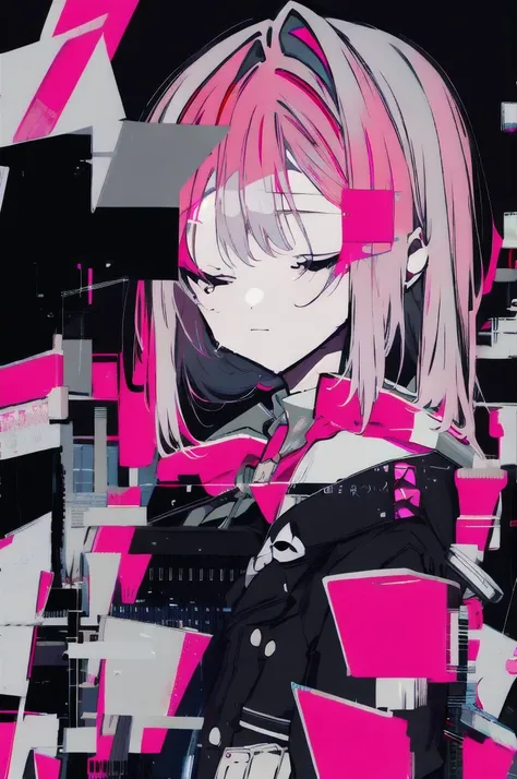 · black and dark gray background · shedding tears · eyes closed · standing · alone girl · pale pink hair 、 short ponytail · pink eyes · black and pink sailor suit · scattered broken glass · glitch · buggy background · top quality