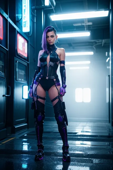 Create an image of a futuristic sci-fi character named ‘Lilis Kazaria.’ She is a stealth warrior and assassin with a daring, asymmetrical hairstyle: an undercut on one side and sleek, shoulder-length hair with purple highlights on the other. Lilis wears a ...