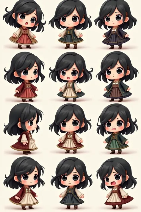 Make a chibi girl character with black eyes and hair, wear western historical dress and provide 10 pictures of her different moods, such as happy, sad, excitement, horror 