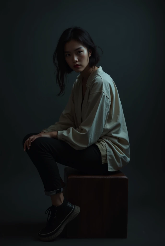 A young Asian woman sitting on a stool in a dark studio with minimalist decor. One knee is up, and she leans slightly forward, giving an edgy and intense vibe. She wears simple, solid-colored clothing. The lighting is dramatic, with a soft light source com...