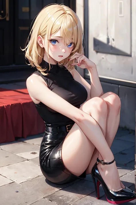 European girl portrait,alone,20-year-old,Beautiful Face,Upper Body,Hair on one eye,Medium Sidecut, Blonde, Sharp focus,Black T-shirt、Tight Skirt、(High heels:1.5)、Highest quality、masterpiece、masterpiece