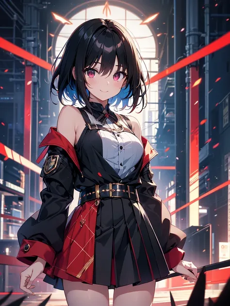 masterpiece, highest quality, highest quality, (no text), Beautiful and aesthetic:1.2),no text,anime、break,anime、break、 one girl、 Dark Haired Girl Short Hair 　 Slit Eyes Boyish 　adult　 beautiful eyes　red eyes, cool smile　Shoulder　 skirt　 Black jacket, whol...