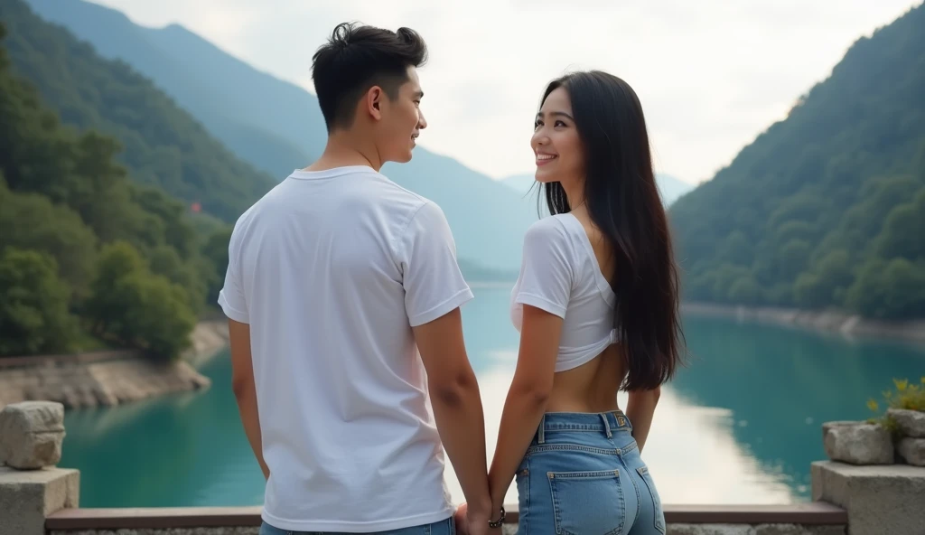 Portraits style., A photo style of a male and female couple, teenagers, a man with short hair, slim figure, cute face, wearing short jeans and a plain white T-shirt, looks like a woman and nature. A woman with long straight black hair, bright white skin, d...