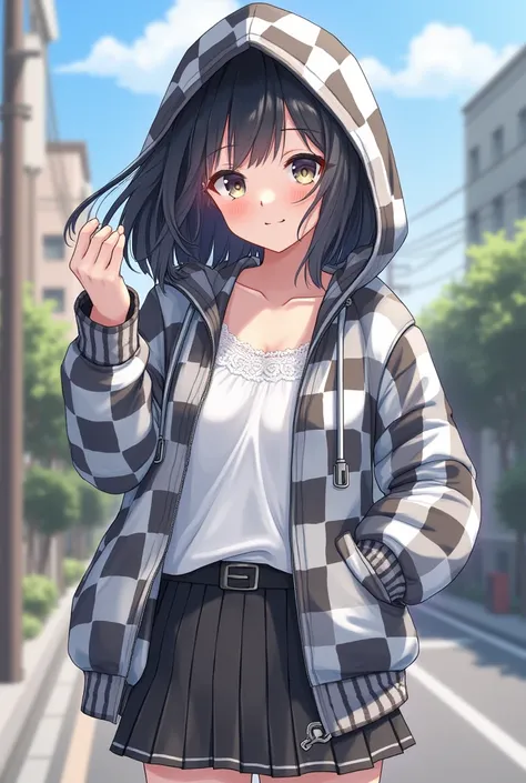  1 Japanese girl, high definition , Realistically, shortcuts, black hair,chest,Grin,She is wearing white lace clothes,Sunny day,A beautiful woman wearing a checked skirt in a fashionable hooded jacket 