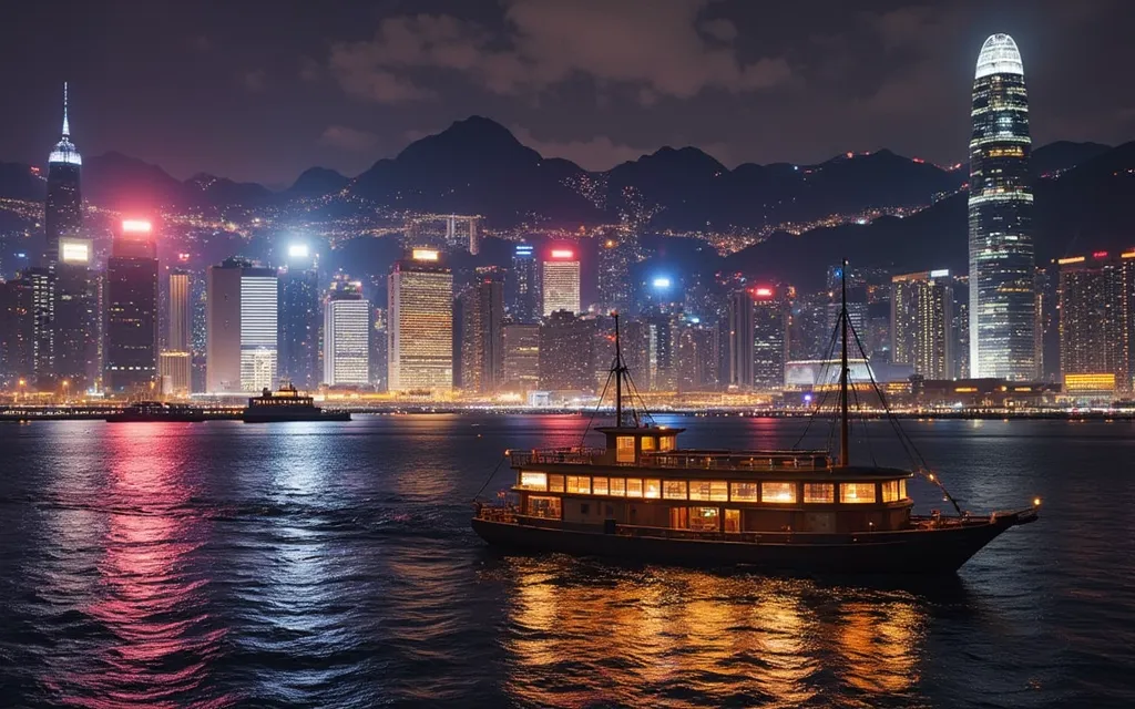 hong kong island skyscrapers, night time view, close-up shot of the static victoria harbour surface, a reflection of stunning ci...