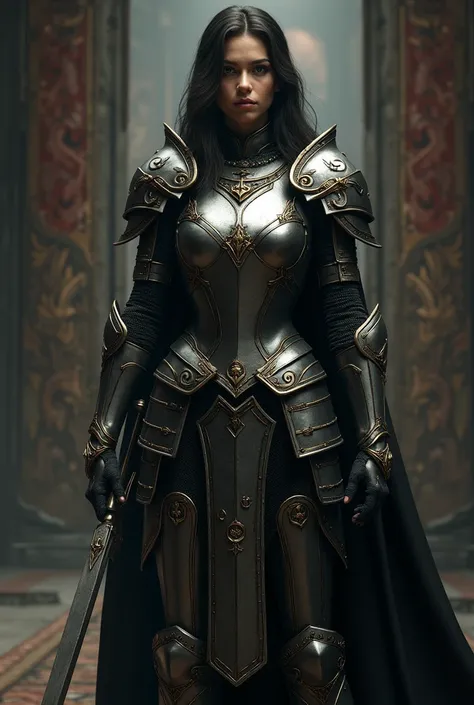 a woman in armor holding a sword in a dark room, beautiful female knight, fantasy paladin woman, of a beautiful female knight, gorgeous female paladin, stunning armor, female knight, very stylish fantasy armor, girl in knight armor, picture of female palad...