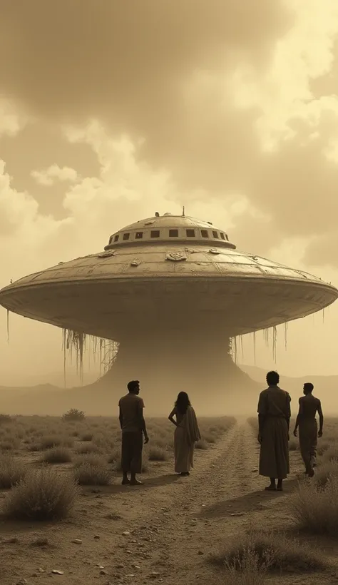 (sepia):  In a sepia photo ,  a giant flying saucer lies starry in the field ,  with the impact clearly visible on its broken structure . The four villagers  (two men and two women)  are surrounding the ship ,  with three of them looking at the camera whil...