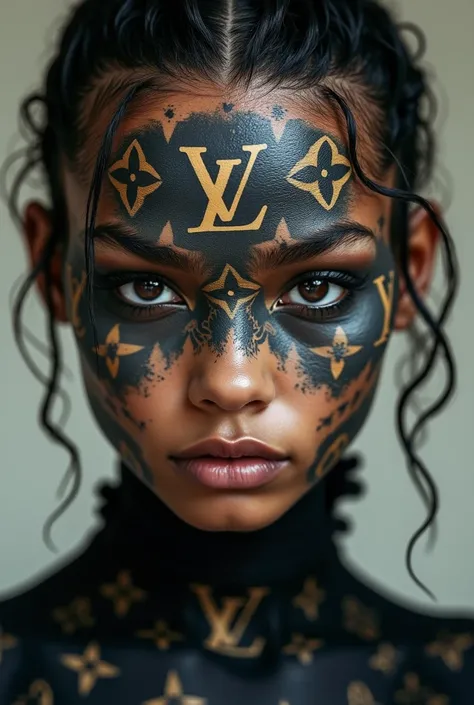 black girl with countless Louis Vuitton monogram tattooed on her face and all over her body, regularly dotted across her all skin, each monogram is 0.2 inch in size, 1 persons, detailed and beautiful, full body image, A detailed eye, detailed and focused c...