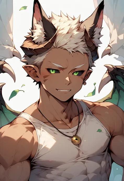 One young fox boy ,cat ears, chiseled abs, chiseled pecs,dark skin,horns,wings,black sclera,green pupils

