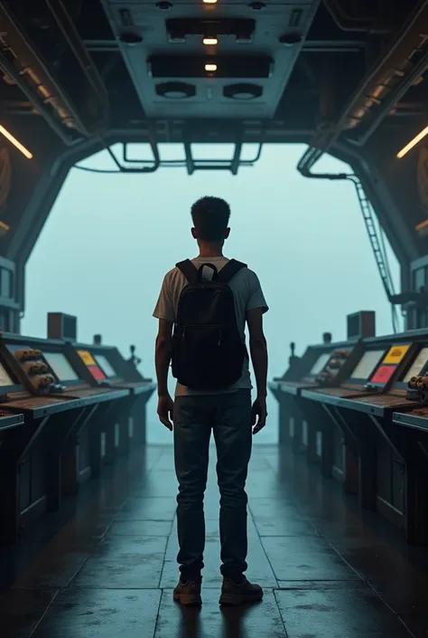 The back of a college boy appeared in the cab of an aircraft carrier