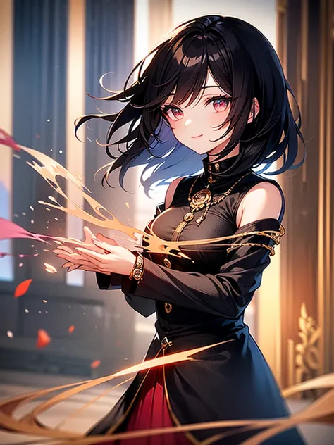 masterpiece, highest quality, highest quality, (no text), Beautiful and aesthetic:1.2),no text,anime、break,anime、break、 one girl、 Dark Haired Girl Short Hair 　 Slit Eyes Boyish 　adult　 beautiful eyes　red eyes, cool smile　Shoulder　 skirt　 Black jacket, whol...