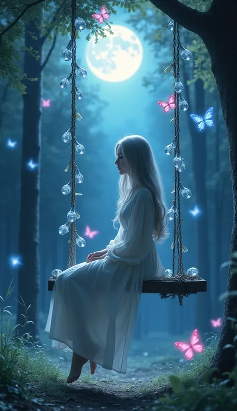 A silver-haired girl sitting on an old swing. The light of the full moon illuminates the girls white dress, making her look like a saint. Around her, transparent crystals inhabited by countless stars dance, playing a fantastical orchestra. In the quiet for...