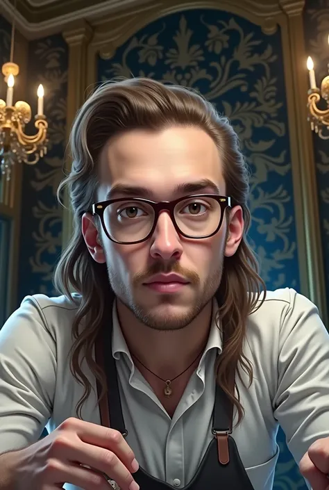 guy bartending, long hair, glasses behind the bar, renaissance, baroque.