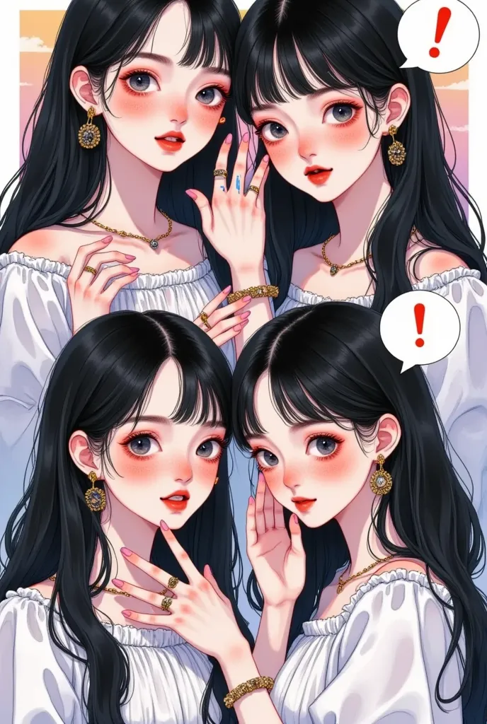 2girls,bangs,black eyes,black hair,blush,bracelet,dress,earrings,english text,hand on own face,hands on own cheeks,hands on own ...