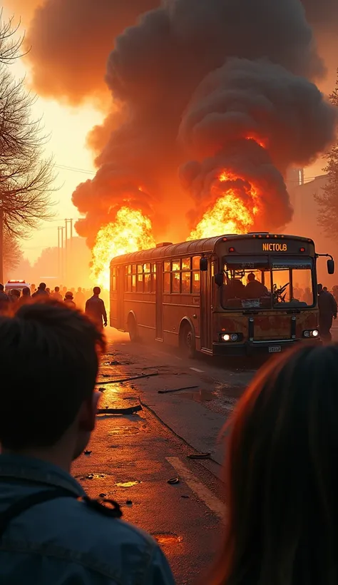 Close-up of a horrific accident, a bus caught fire, with many people watching