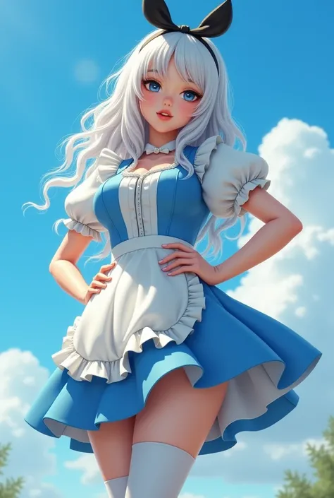 Photorealistic, high resolution, A Slim Japanese woman, busty, double d cup, solo, heavy makeup, Hips up, (Detailed face), long White curly hair, Long hair, (extremely detailed), Alice Liddell, blue dress, white apron, black hairband, white long socks, cut...