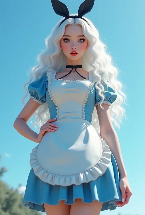 Photorealistic, high resolution, A Slim Japanese woman, busty, double d cup, solo, heavy makeup, Hips up, (Detailed face), long White curly hair, Long hair, (extremely detailed), Alice Liddell, blue dress, white apron, black hairband, white long socks, cut...