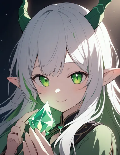 30 year old woman Half-elf and half-dragon Has white hair with light green tips, has beautiful rubber hair, has two dragon horns, has a cute face, and has a gentle smile. There is a small green crystal placed in the middle of the front.