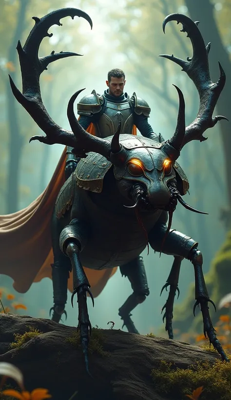 A brave knight with a shield rides a stag beetle, its large mandibles gleaming in the soft, diffused glow of twilight. The beetle crawls over a piece of decayed wood covered in moss.  