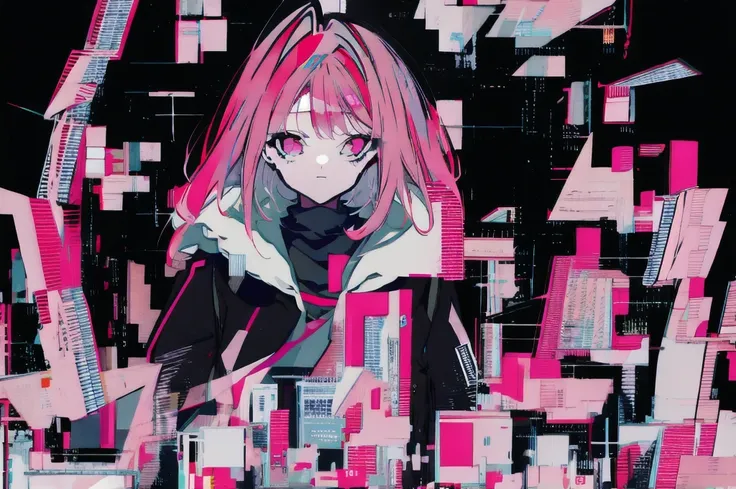 · Black background · Shedding tears · Eyes down · Standing · Alone girl · Pale pink hair、short ponytail · pink eyes · black and pink sailor suit · broken glass shards scattered · glitch · noise · top quality