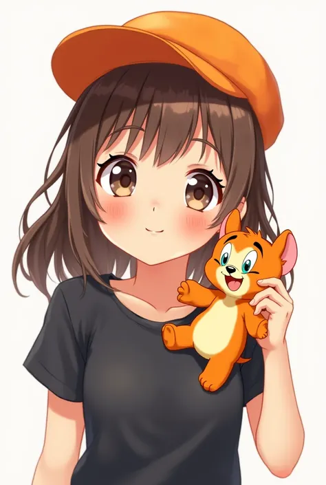  An anime girl with brown hair and a black shirt , an orange hat of the Jerry , And a little orange Jerry plush toy on his left hand,  looking at the spectator 