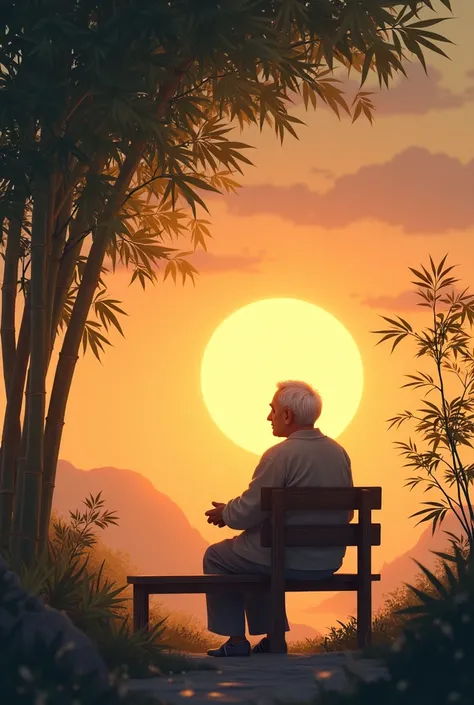 In this evocative and serene photographic illustration, twilight casts a warm golden glow over the scene as an elder sits beneath a canopy of rustling leaves. They are seated on a simple wooden bench, their face calm and thoughtful as they gaze towards the...