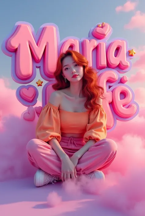 (A photo of a beautiful Korean girl  with   red curly long  hair .she is looking front of the large name "Ma Ria Fe". She is dressed in a orange and pink off top and pink cargo pants outfit. She is seated behind of a large, vibrant 3D render of the name "M...