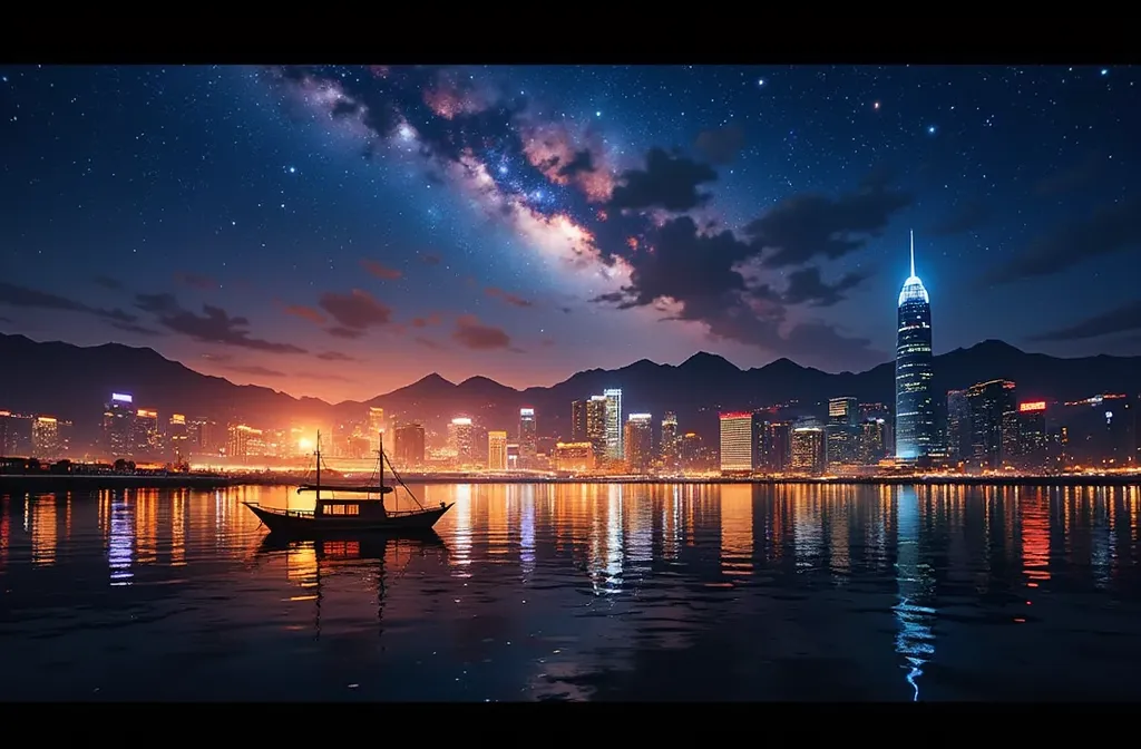 hong kong island skyscrapers, night time view, mily way in the night sky, close-up shot of the static victoria harbour surface, ...